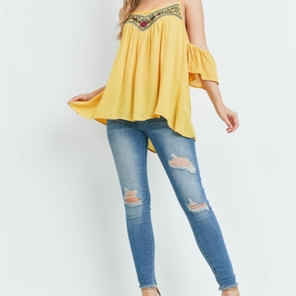 NWT YELLOW EMBROIDERED COLD SHOULDER TOP - Picture 9 of 9